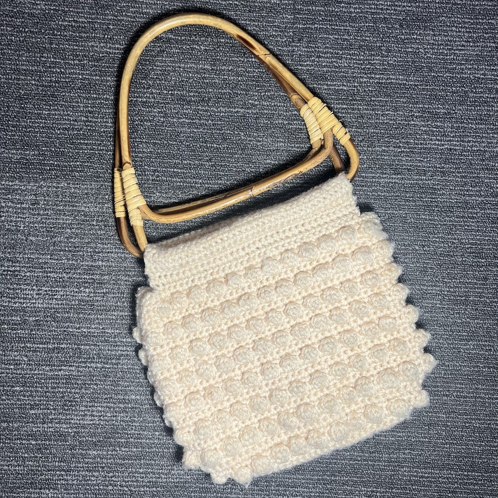 Vintage Cream Bobble Knit Crochet Top Handle Bag with Statement Bamboo‎ Handles